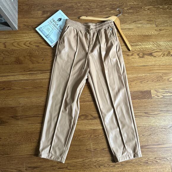 Calia Straight leg Faux Leather Pintuck Tan Pants - Picture 3 of 8